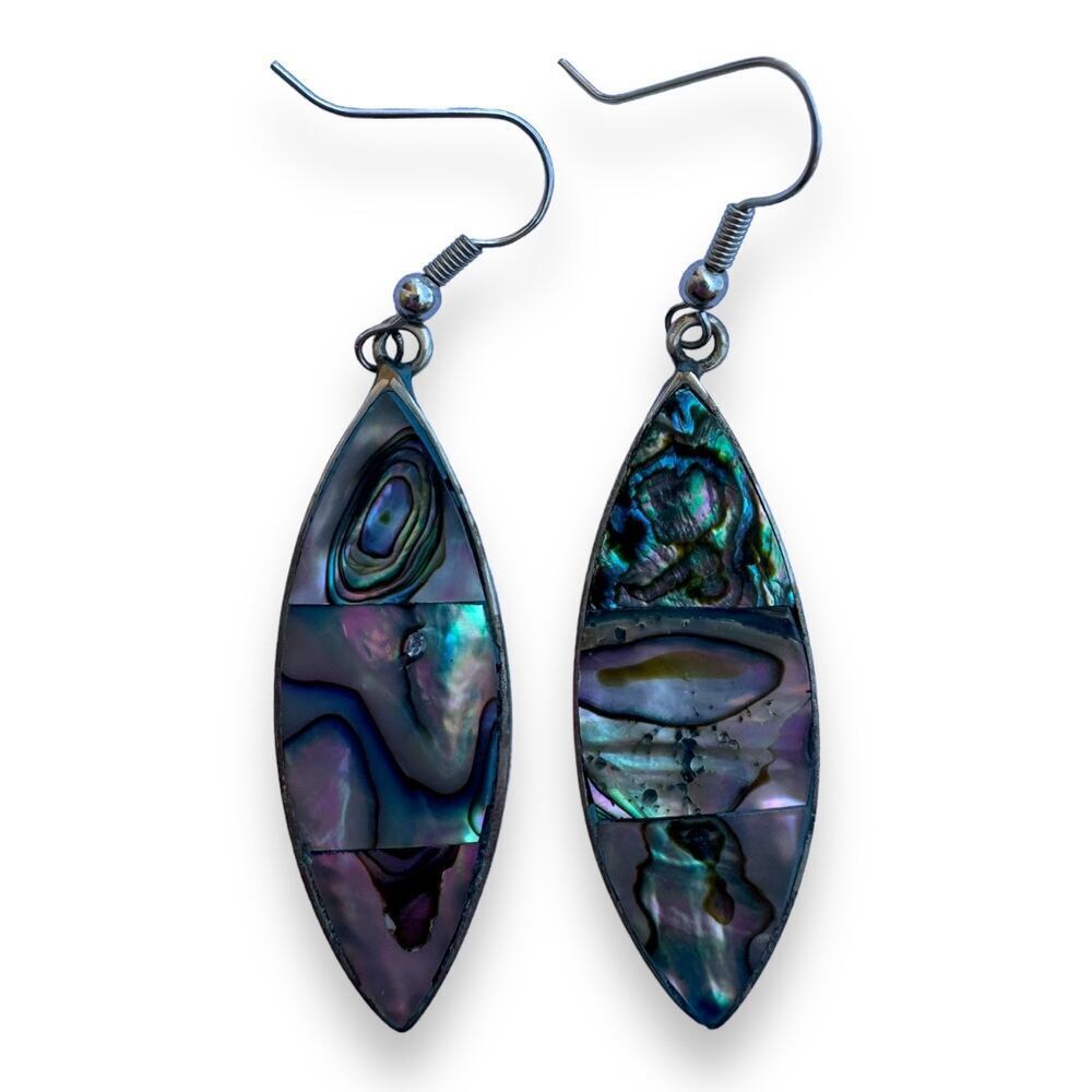 Vintage Abalone Shell Marquise Shaped Dangle Silver Earrings